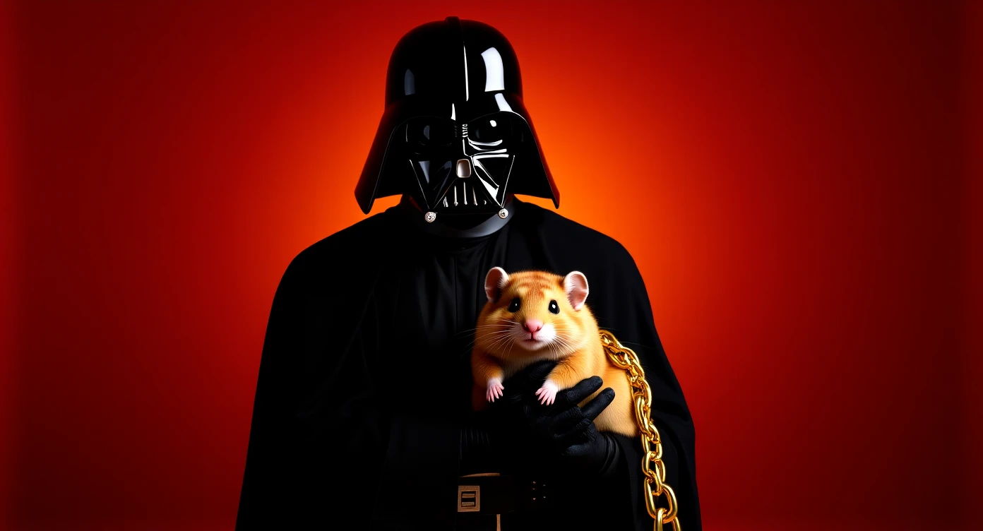 Extreme Closeup Photo of a darth vader holding big hamster with golden chain, low key light, red solid background with leading lines, back light, spot light emoji