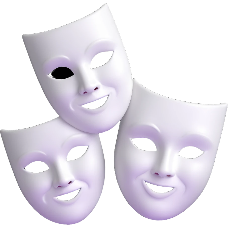ancient Greek theater masks, classical comedy and tragedy faces, white dramatic theater masks emoji