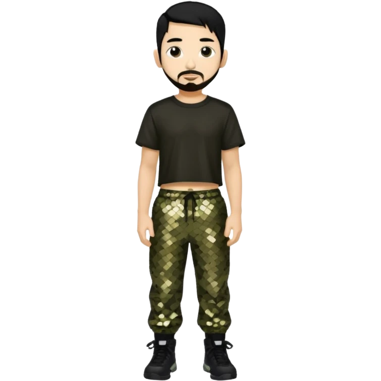 Mike Shinoda with black hair, black sequin crop top, olive sequin baggy pants emoji