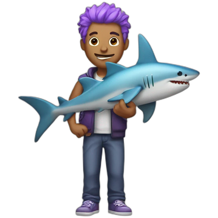 guy with purple hair holding a shark toy emoji