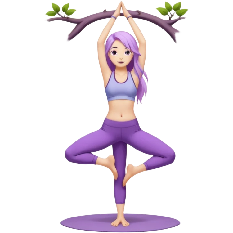 Девушка белокожая, с длинными светло-фиолетовыми волосами, в одежде для йоги, стоит в позе дерева, с правильными пропорциями emoji