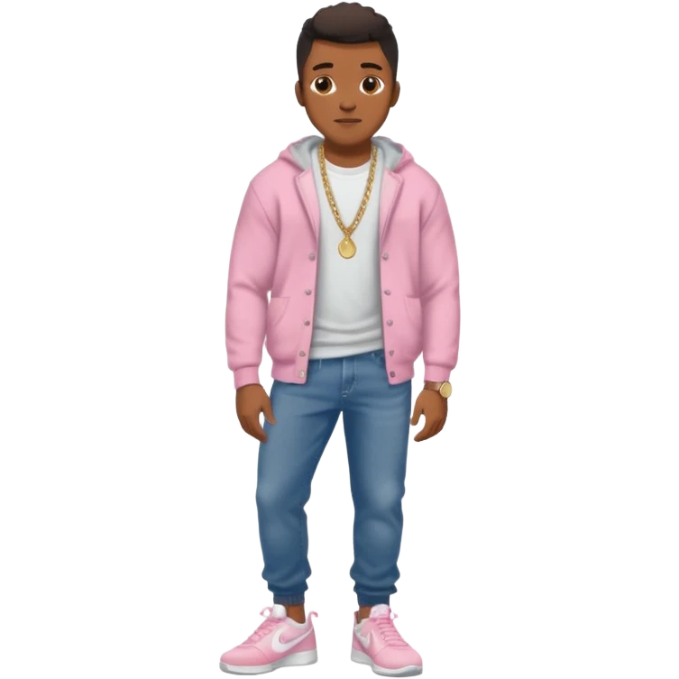 Handsome Black guy with brown skin tone, with muscular build, wearing baggy dark denim jeans, a white t-shirt, pink and gray fuzzy cardigan, white Nike sneakers, a gold watch, and a dainty chain emoji