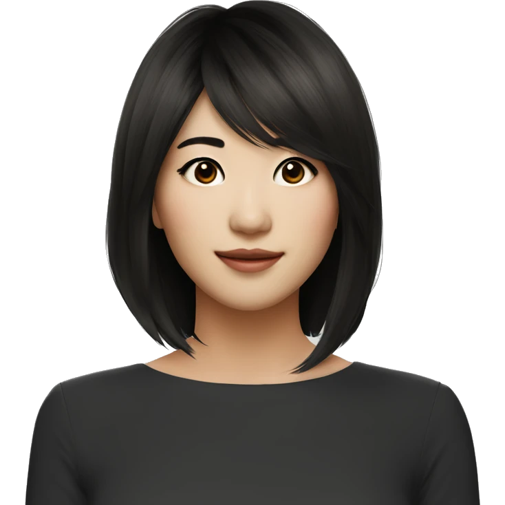- Medium-length layered Asian hairstyle with side-swept bangs
- Messy, textured hair with natural volume
- Dark brown/black hair color emoji