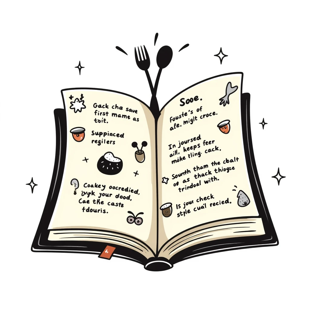 Whimsical enchanted cookbook with magical fork and spoon emblem that's animated with sparkling fairy dust, magical recipe collection emoji