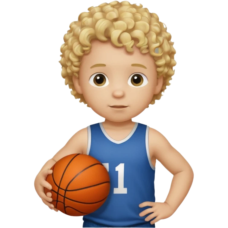 a baby boy with curly blonde hair holding a basketball. his shirt says i love cooke emoji
