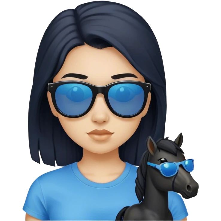 A girl with black long hair with pony, wearing sunglasses and a blue t-shirt. emoji
