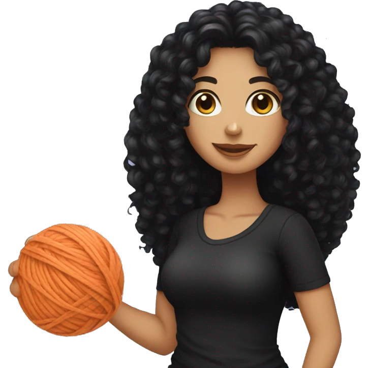 woman with long black curly hair holding one ball of yarn wearing black clothes emoji