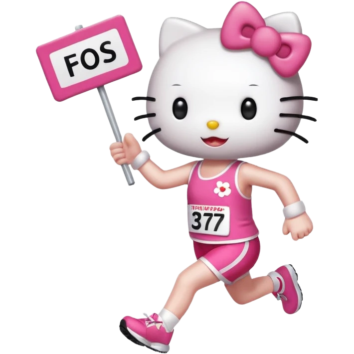 hello kitty cheering on a friend running the marathon, where she is holding a marathon sign. make sure the fae looks exactly like hello kitty - give her eyes and a nose but no mouth emoji