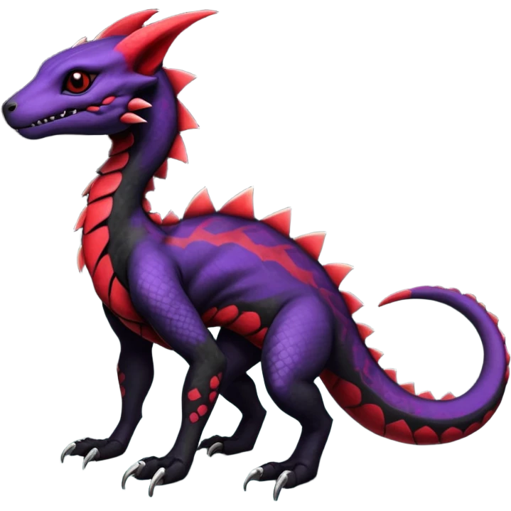 Rare realistic exotic edgy dark gothic gloomy spooky black and red/purple epic pretty beautiful handsome gorgeous aesthetic colorful vibrant Vernid-Trico-species-Fakemon-Salandit-hybrid-creature by LiLaiRa, 4 legs, 1 tail, random markings, (full body) emoji