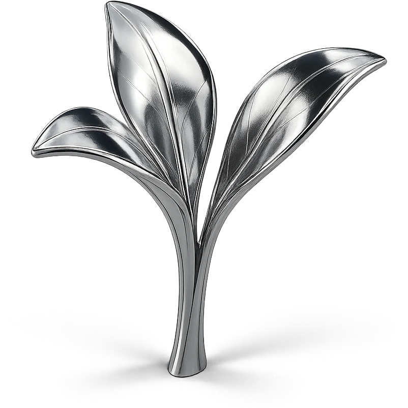 abstract chrome flower with three curved petals rising from the earth, radiant and polished emoji