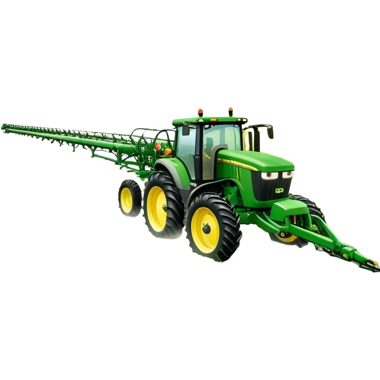 John Deere R4045 (2020) – Cinematic-realistic John Deere R4045 self-propelled sprayer, its green and yellow body gliding over rows of crops. Long booms extend across the field, misting a fine spray over the vibrant green plants, ensuring a healthy harvest under a bright blue sky. emoji