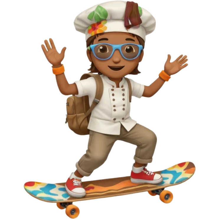 ["A happy boy with brown skin, straight hair, wearing a chef hat and sunglasses, dressed in hippie fashion, is skateboarding while holding a backpack."] emoji