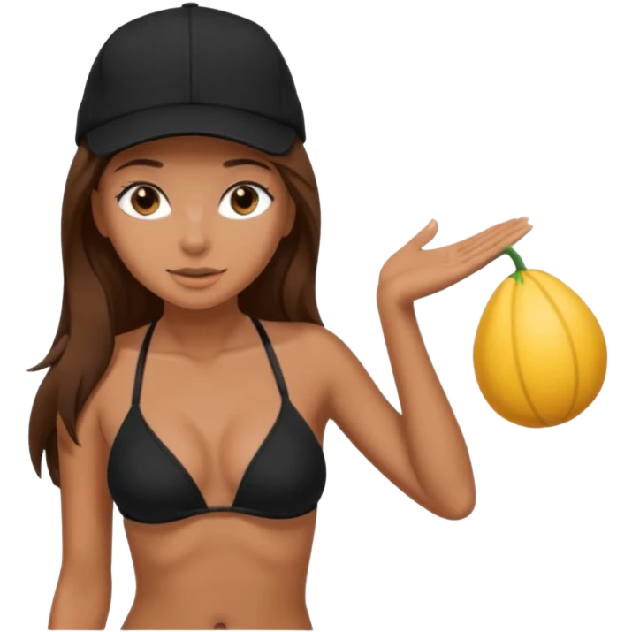 A tanned girl's face long brown hair Wearing a black cap backwards with black bikini top emoji