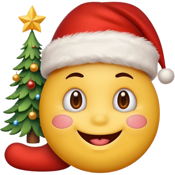 D cute yellow emoji face wearing a Santa hat, with a happy soft expression. Replace the hearts with festive Christmas elements: a Christmas tree, stocking, snowflake, and other holiday icons. emoji
