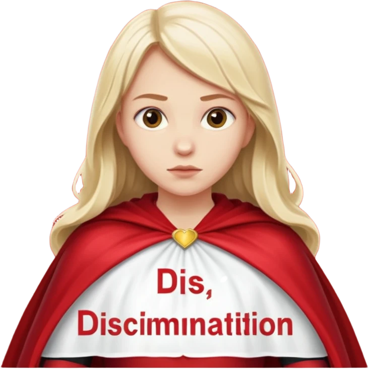generate me a girl with a cape breaking a text "discrimination" emoji
