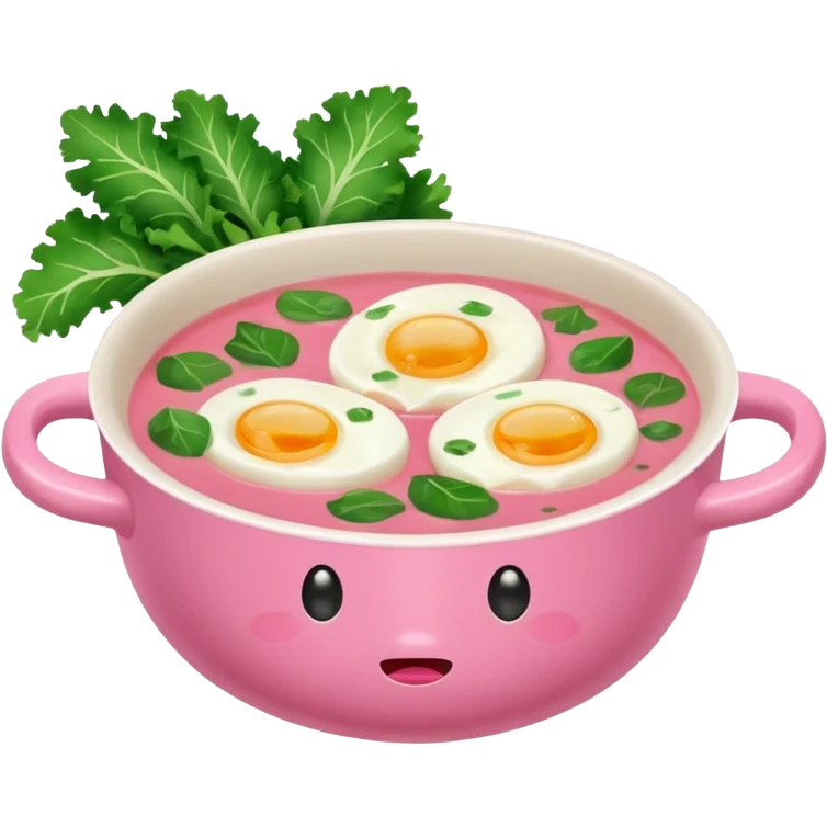 pink soup with egg and greens inside, boiled potatoes by its side, surprised face emoticon emoji