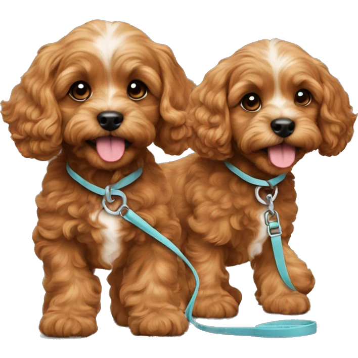 Two brown cavapoo puppies walking on leash emoji