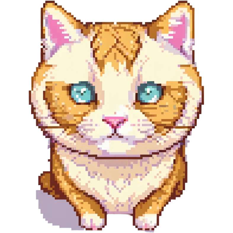 cute pixel art of a cheese tabby cat's face, orange and cream fur, large round eyes, pink nose, little smile, retro 8-bit style, front view emoji