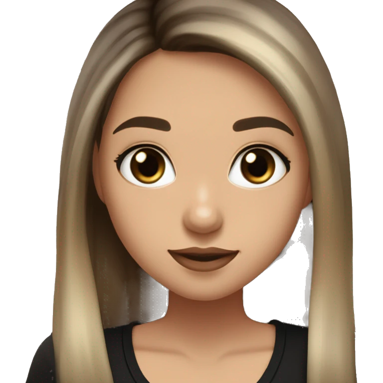 Slavic girl, light skin, long eye lashes, pink beige lips, brown eyes, long black-to-blonde ombre straight hair, black T-shirt, chibi, smiling. emoji
