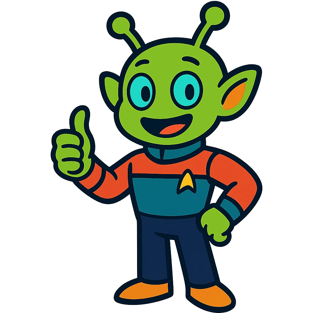 cheerful alien giving thumbs up in a crew uniform, vibrant toon cartoon style emoji
