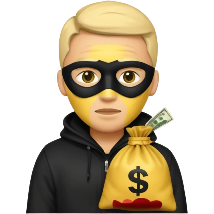 Ladrão com saco de dinheiro emoji efeito Mandela com pele amarelo com apenas a cabeça e os ombros aparecendo sem mãos com apenas a cabeça e os ombros aparecendo emoji