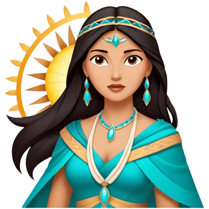 Cinematic Majestic Pocahontas Portrait Emoji, rendered in a clean, vector-style with bold shapes. Show Pocahontas with a serene, noble expression, radiant sun-kissed skin, and elegantly flowing dark hair, dressed in traditional garments with subtle turquoise accents. The design radiates a majestic, natural glow, high shine, and a soft glowing outline, capturing her regal beauty. emoji