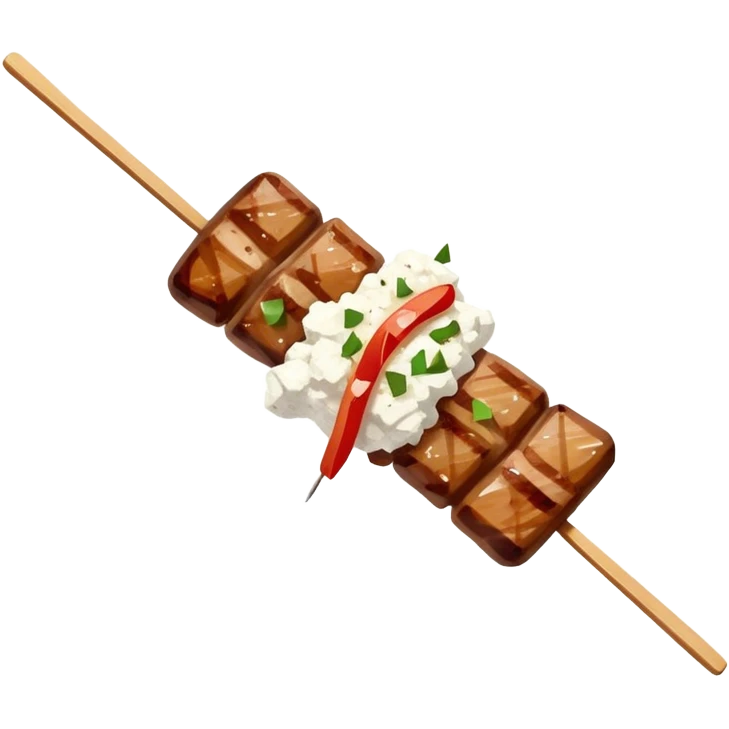 Souvlaki Cinematic Realistic Souvlaki Dish Emoji, depicted as skewered, grilled meat served with a side of crumbled feta cheese, rendered with rich textures and dynamic, appetizing lighting. emoji
