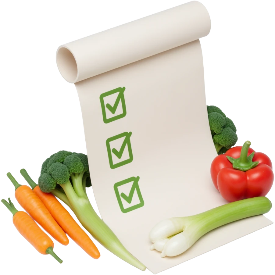 floating rolled paper list with green checkboxes and around vegetables emoji