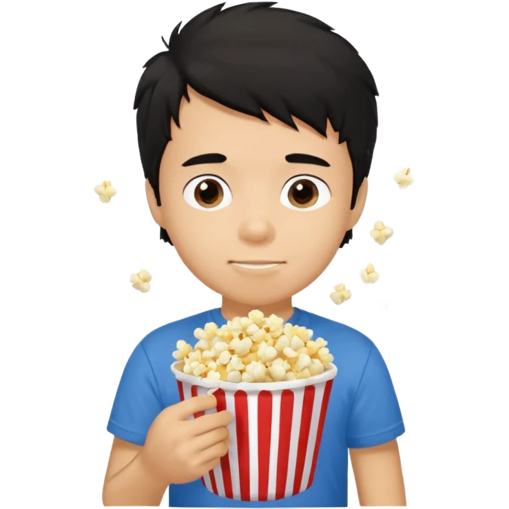 generate a pretty tan bratz boy with a blue tshirt on. eating popcorn. messy black hair emoji