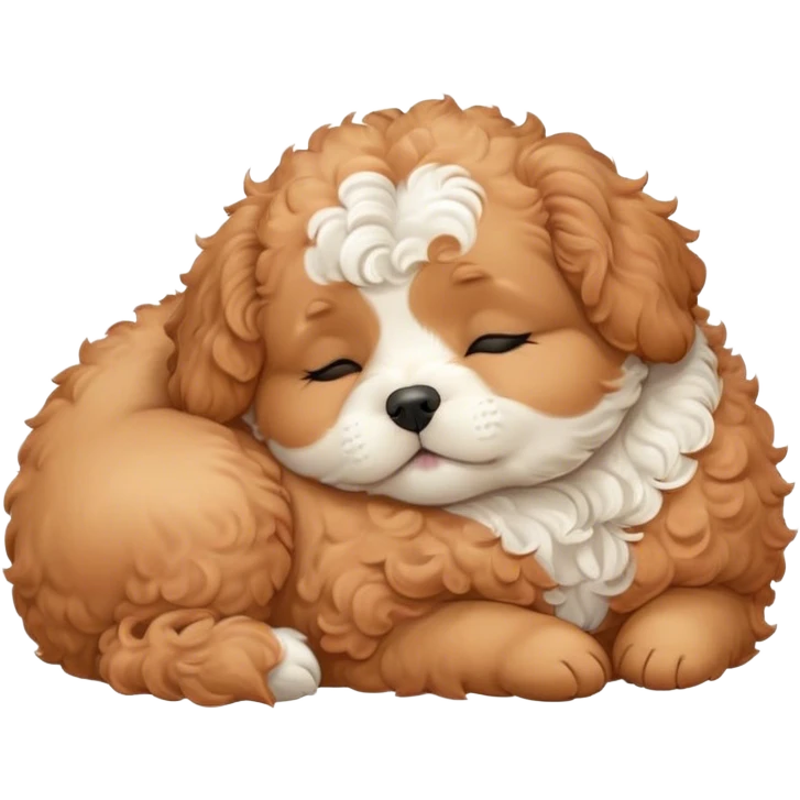 Cinematic Chubby Sleeping Cavoodle Portrait Emoji, Chubby and serene, with a round, cuddly build and a soft, curly apricot coat with subtle white patches, eyes gently closed in peaceful slumber, Simplified yet irresistibly endearing features, highly detailed, glowing with a gentle, dreamy glow, high shine, relaxed and content, stylized with a touch of whimsy, bright and heartwarming, soft glowing outline, capturing the essence of a blissfully sleepy companion, so comically serene it feels like it could roll out of the screen and snore with adorable charm! emoji