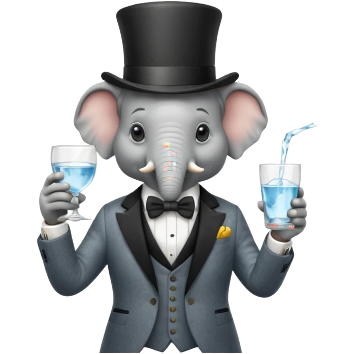 elephant wearing suit, bowtie and top hat, holding glass of water emoji