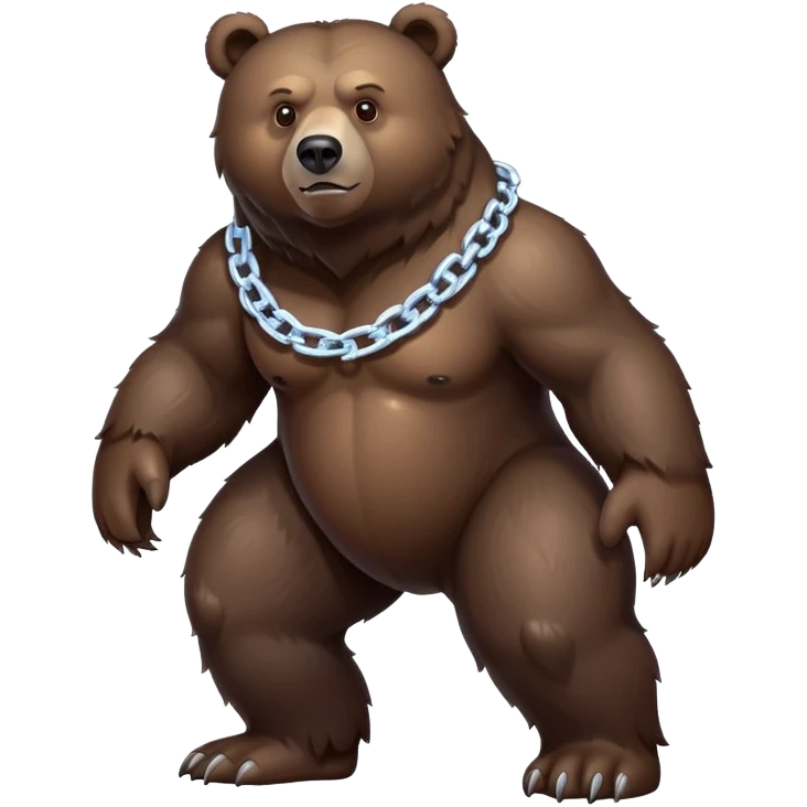 Very realistic dark brown bear standing on all four legs with intimidating gaze, wearing only a plain ice chain around its neck emoji