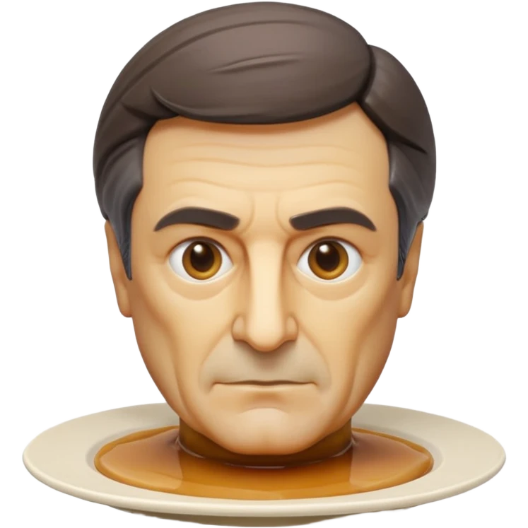 apple style emoji of a bust of François Fillon, entire head, face, and features made from slightly translucent beige flan, no human skin, hair, or eye colors, all flan texture and color, stylized gelée sculpture, on a round white plate emoji
