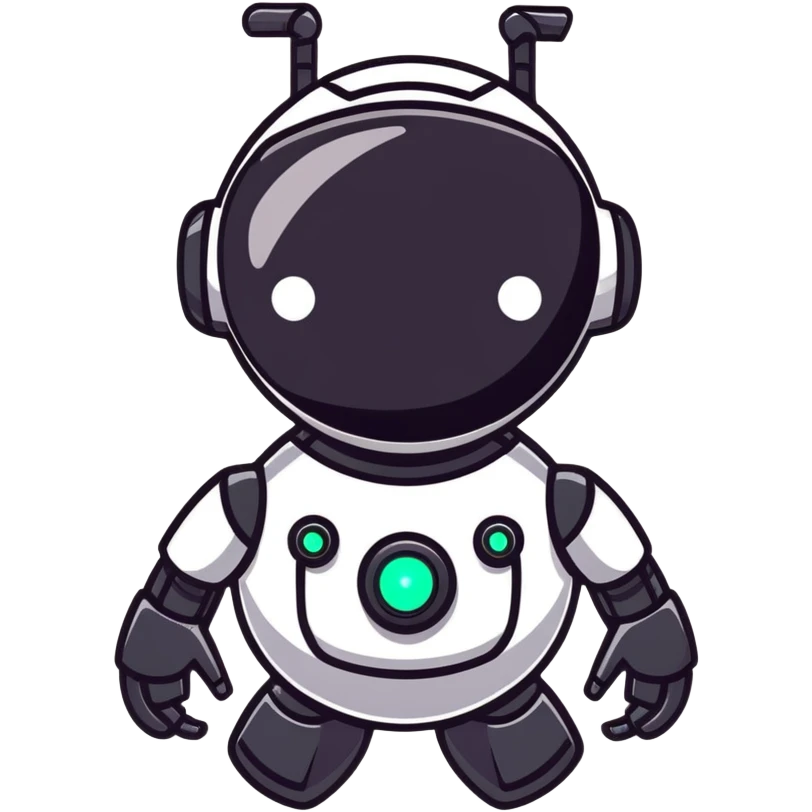 friendly modern face of a black robot with bright white led eyes, smiling, non-threatening emoji