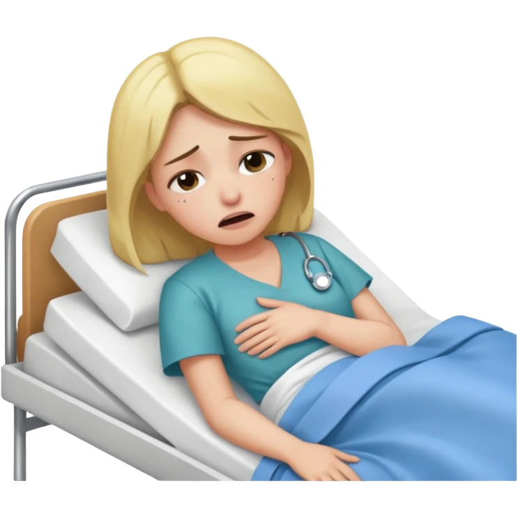 Mulher jovem chorando muito em cima de uma maca de hospital emoji