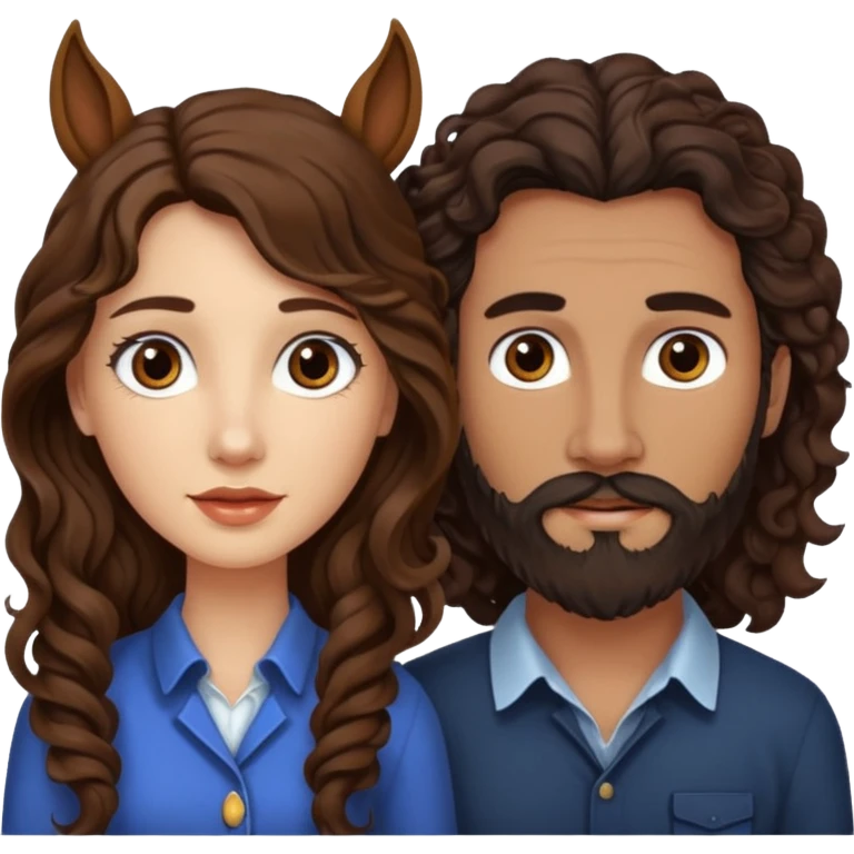 pareja de Mujer morena rizada cabello largo castaño ojos oscuros y hombre piel blanca con caballo oscuro con barba y ojos marrones emoji