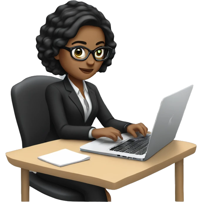white girl with black hair wearing glasses working on apple laptop with classic suit emoji