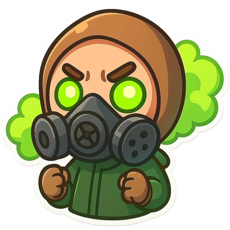 toxic agency emoji, gas mask with glowing green eyes, cartoon style, vibrant colors, cute and expressive emoji