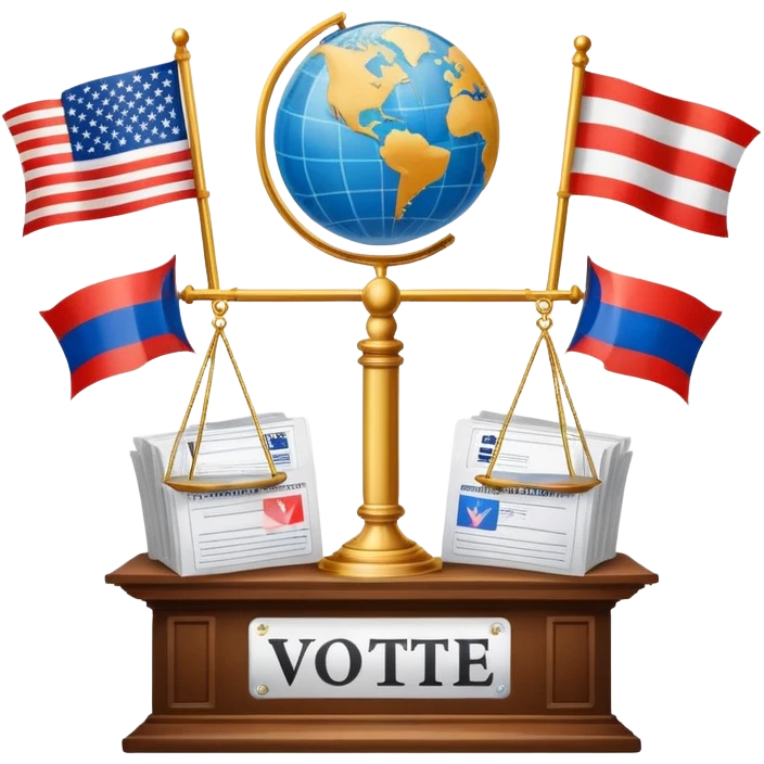 icon featuring podium with a speaker, russian and american flags, and voting ballots. The design includes a globe and scales of justice in the background, representing governance, global affairs, and political theory. Transparent background emphasizes civic engagement and policy. emoji
