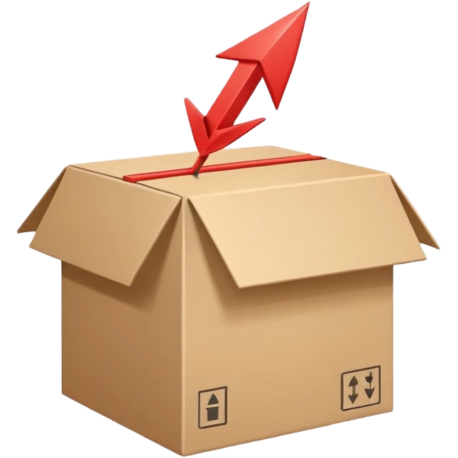 Minimal line-art icon of a shipping box with an arrow going up or a price tag, simple modern style, clean outlines, slightly 3D, no background, transparent, represents “reselling / e-commerce / flipping items” emoji
