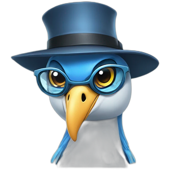 Crazy funny Cyberpunk Articuno head with beautiful smile wearing glasses and hat emoji