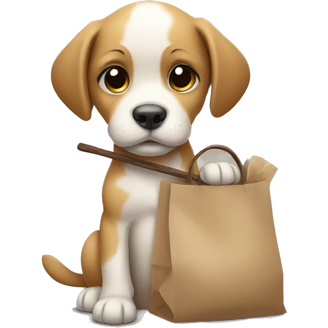 Puppy with sad eyes holding a stick with a bag  emoji