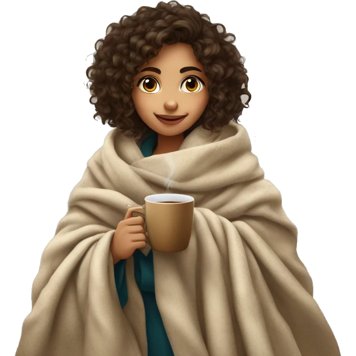 olive skin brunnette curly hair girl snuggled in big blanket drinking coffee emoji