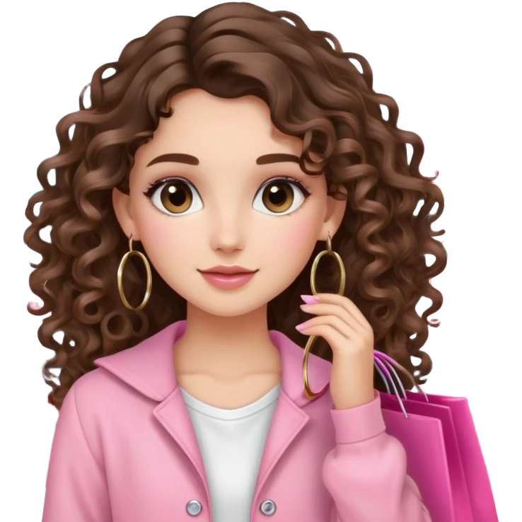 cute balayage brunette long hair curly/wavy haired girl, hoop earrings, clean girl makeup DOING SHOPPING WITH PINK CLOTHES ON emoji