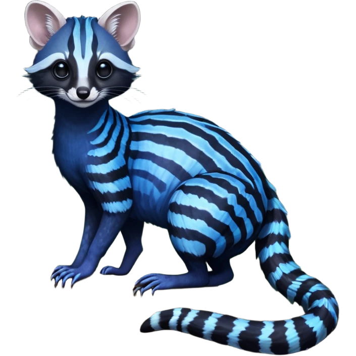 Feral Rare Fantasy iridescent scaly evil spooky vibrant dark shady shaded detailed deep-dark-cobalt-blue-gradients-colored colorful Genet-Trico-Civet-Cacomistle-Margay-species by LiLaiRa,, with white stripes with dark-blackish points, white belly, random markings, tufted tail, tufted ears, full body emoji