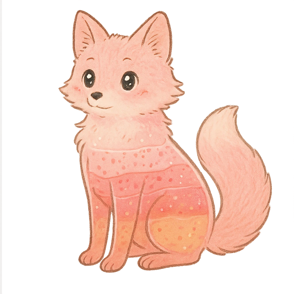 soft fluffy fox with a transparent body, pastel pink, filled with a layered fruit smoothie, sparkling eyes, full-body emoji