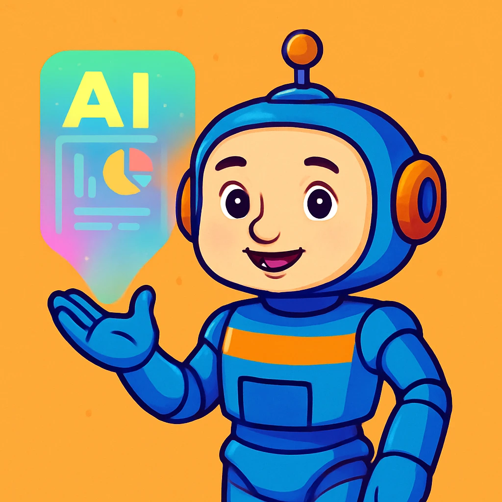 Make the sentient AI robot look more human, with a softer face, human-like skin tones, and expressive eyes, keeping the colorful cartoon style. emoji