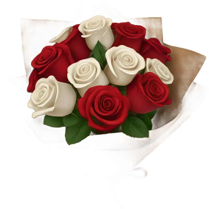 Rose bouquet wrapped in brown paper, red and white roses. The paper must show at the back and the bow must be rope. White and res roses. Just a bit bigger emoji