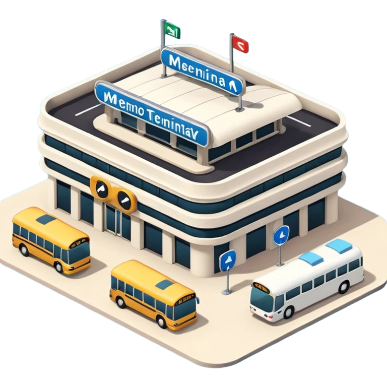 A 3D cartoon bus terminal with multiple buses parked, roofed structure, and directional signs, Memoji-style. emoji