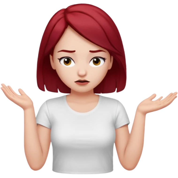 younger woman shrugging, eyes closed, white t-shirt, dark red hair, black eyebrows emoji